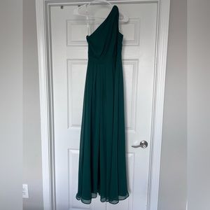 David’s bridal one shoulder crinkle chiffon bridesmaid dress Juniper green